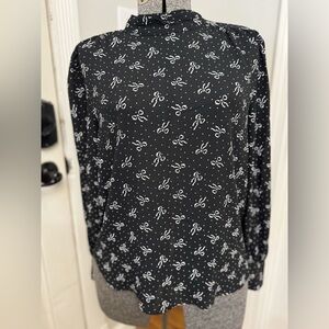 Loft Size Small Black Bow Print Tie Back Puff Shoulder Long Sleeve Blouse